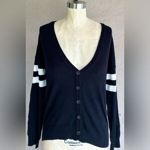 Chic Black Cardigan with White Sleeve Stripes